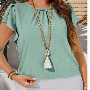 Plus Mint Green Swiss Dot Ruffle Short Sleeve Blouse
